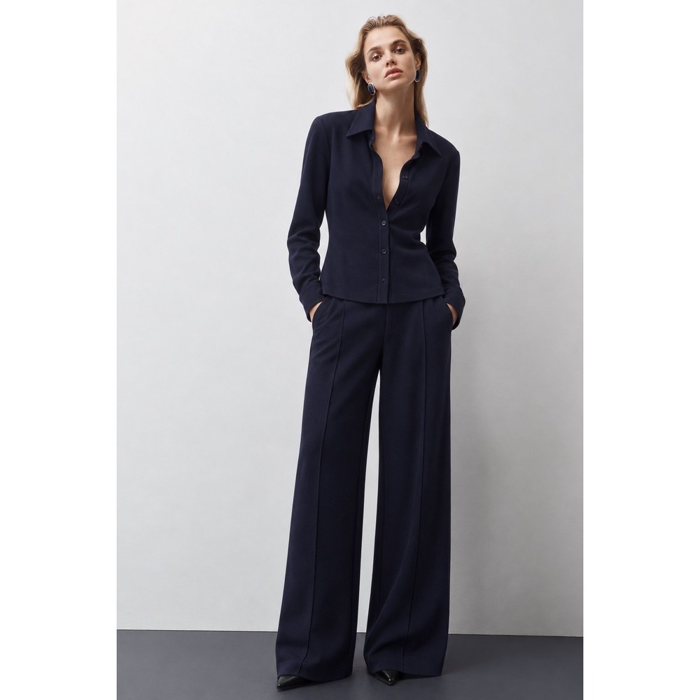 COS Navy Straight Leg Knit Pants Size S Wide Leg Pull-On Trousers heavyweight